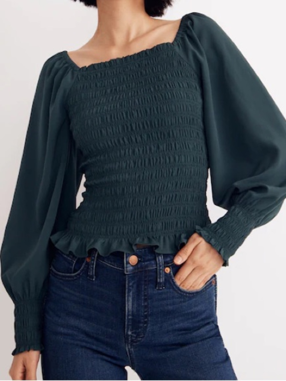 NWT Madewell Lucie Bubble-Sleeve Smocked Top Dark Palm Size M